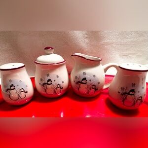 ROYAL SEASONS CHRISTMAS HOLIDAY SNOWMAN SALT PEPPER CREAMER SUGAR BOWL STONEWARE